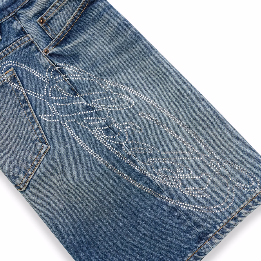 INDIGO SCRIPT WEB DENIM SHORT | SP5DER | KING SPIDER