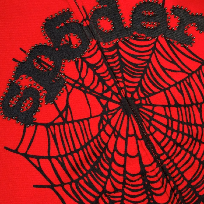 Sp5der Hoodie Red Studded Web Zip